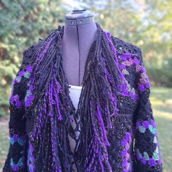 Granny Square Super Fringe Black Purple Greens L/XL - Picture 7 of 12